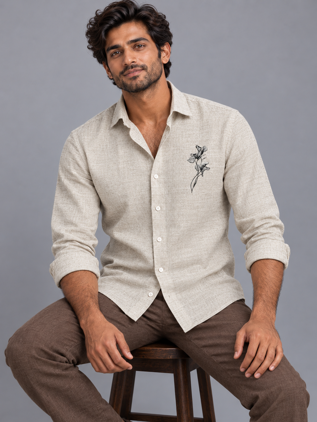 Oatmeal Pure Linen with Minimalist Floral Sketch Shirt