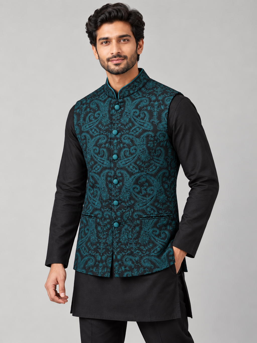 Midnight Teal Brocade  Jacket