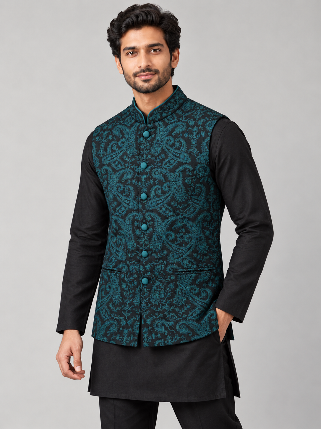 Midnight Teal Brocade  Jacket