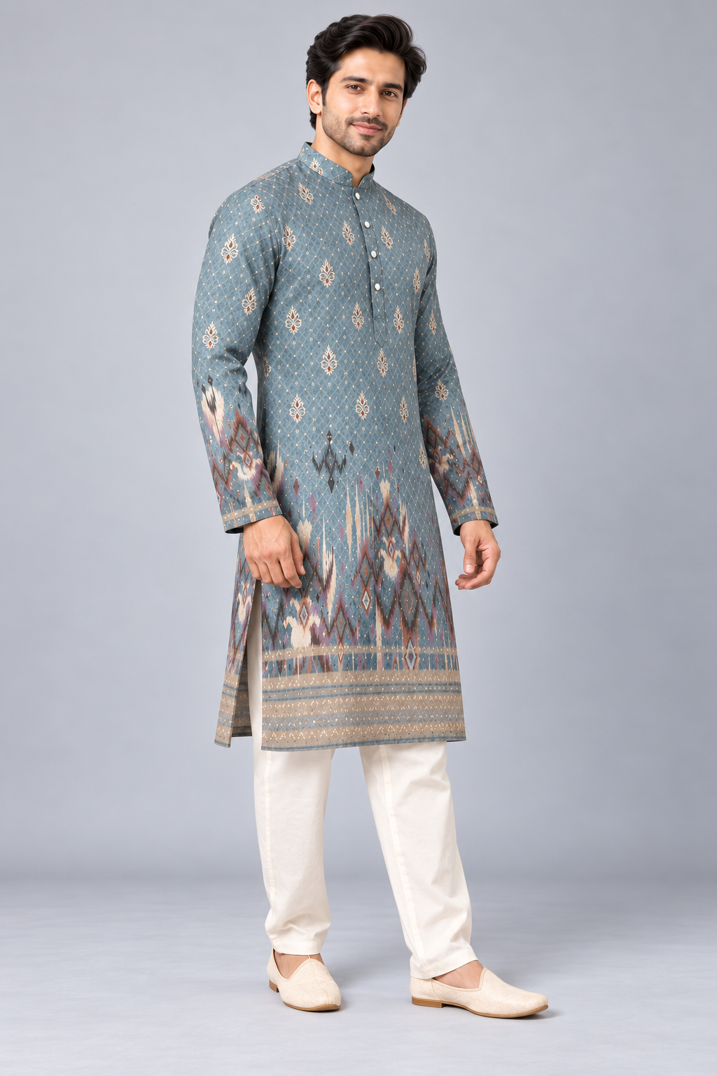Steel Blue Festive Printed Kurta