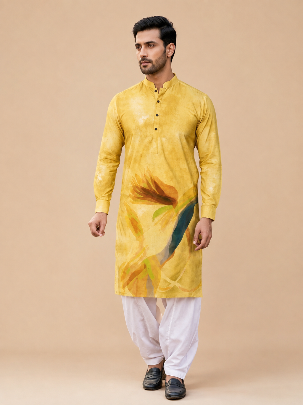 Ochre Watercolor Print Linen Kurta