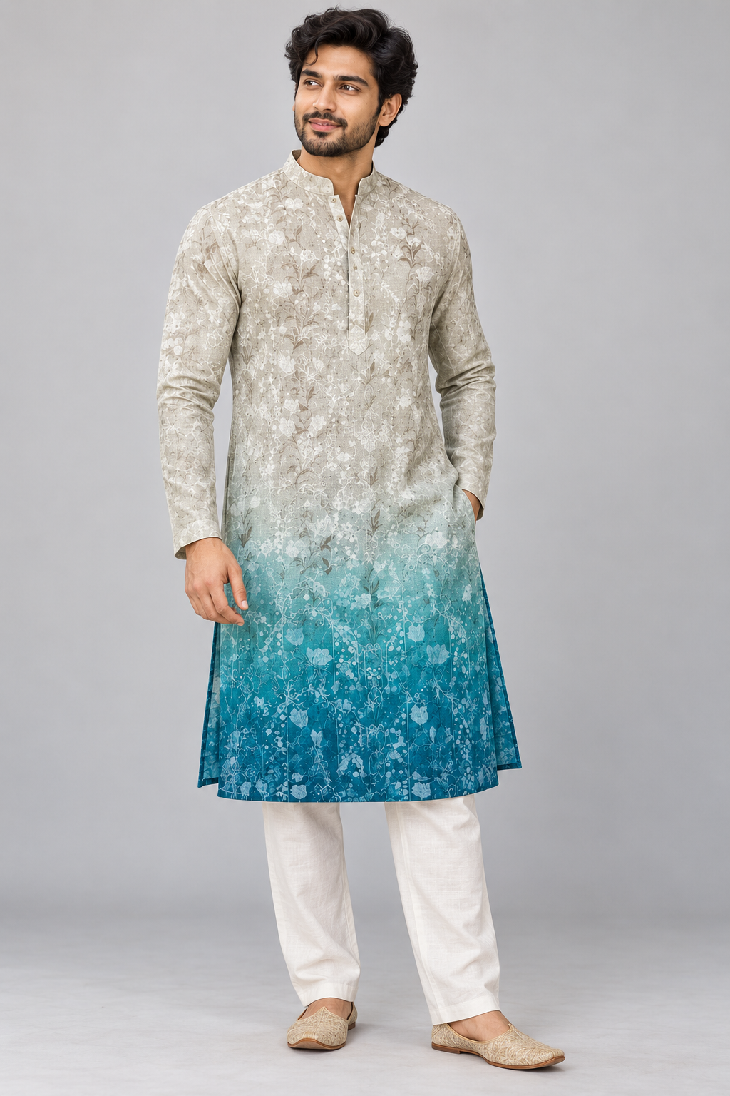 Ash Grey & Ocean Blue Dip-Dyed Effect Kurta