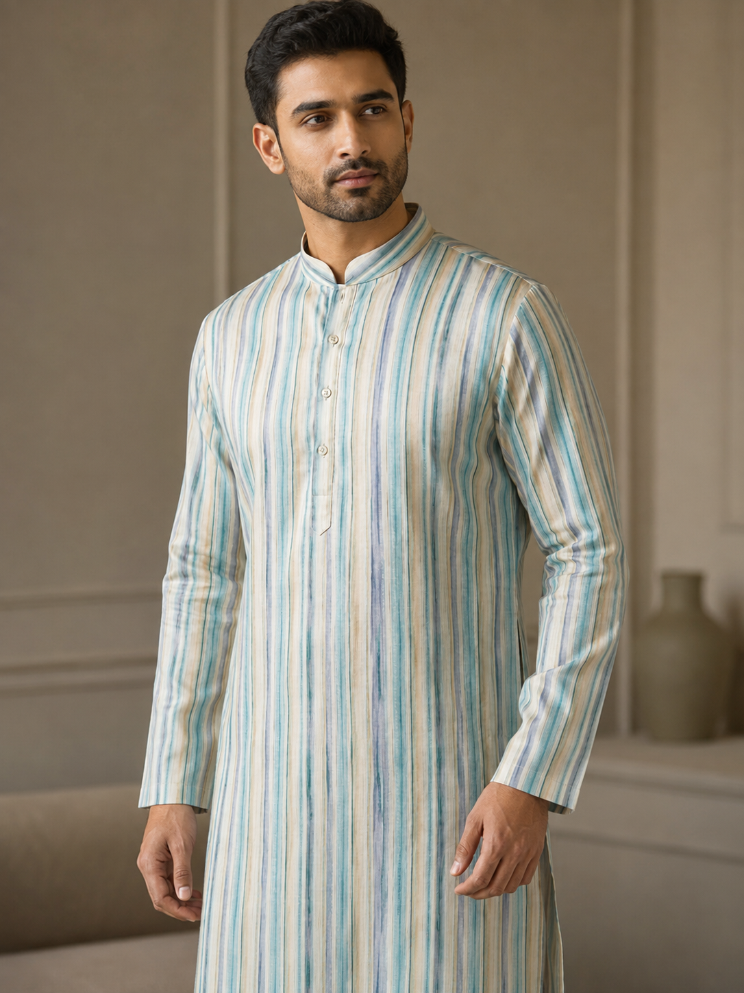 Light Aqua & Cream Striped Kurta