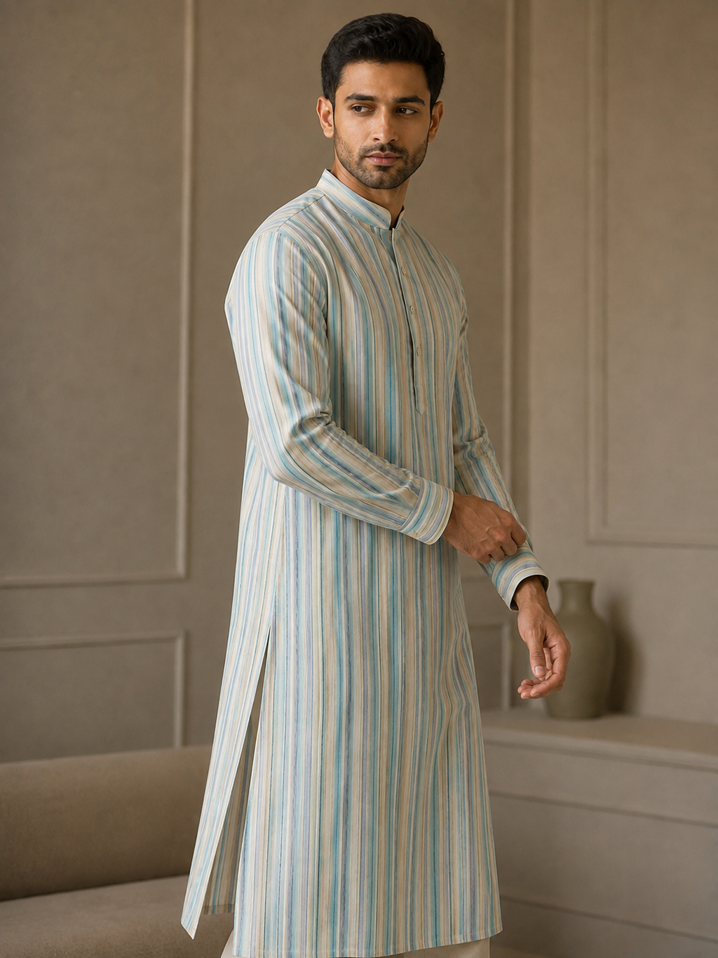 Light Aqua & Cream Striped Kurta
