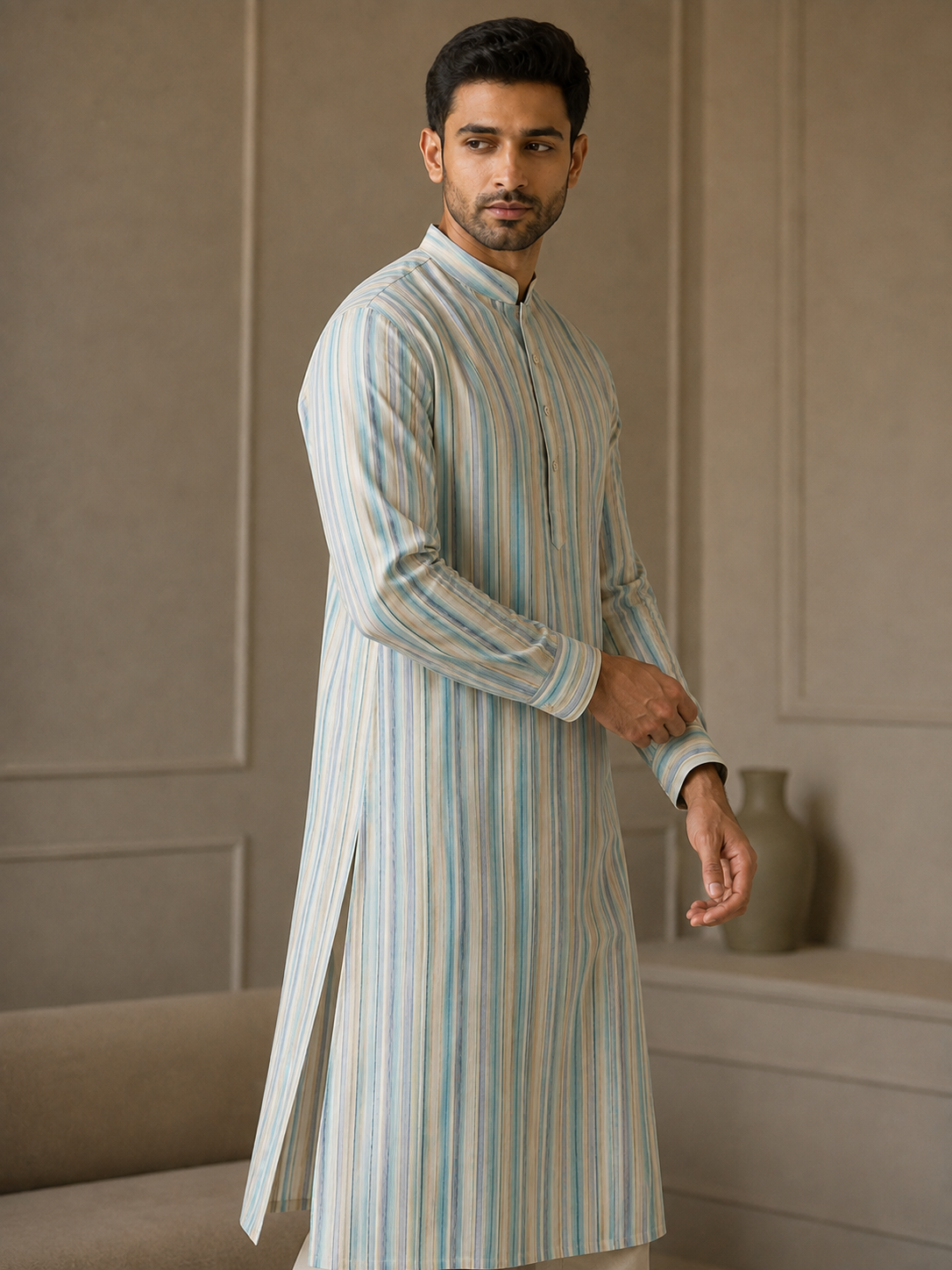 Light Aqua & Cream Striped Kurta