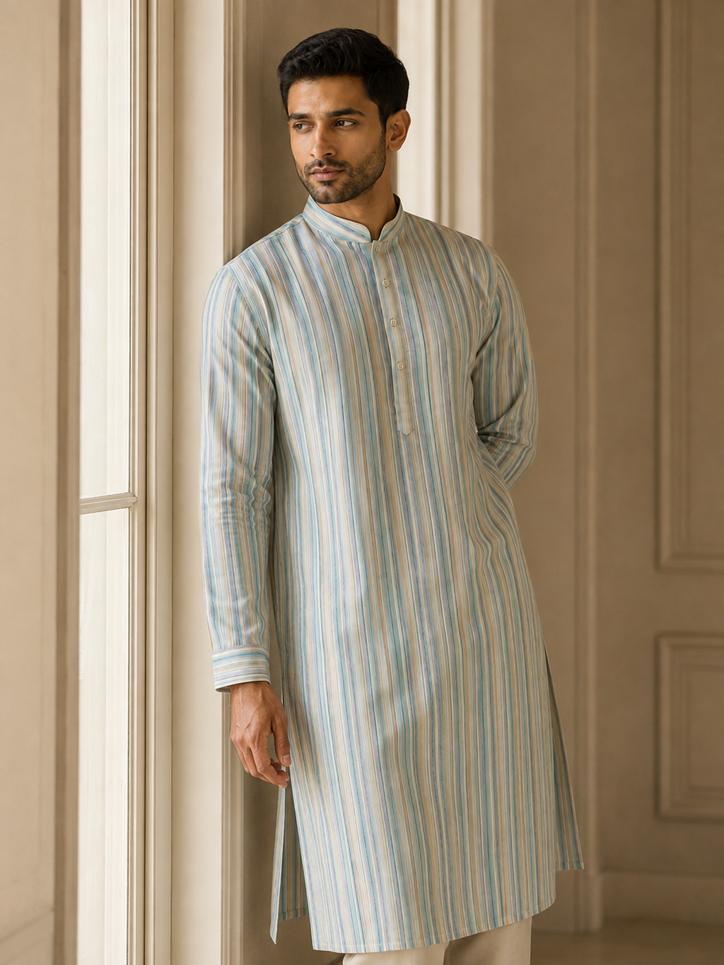 Light Aqua & Cream Striped Kurta