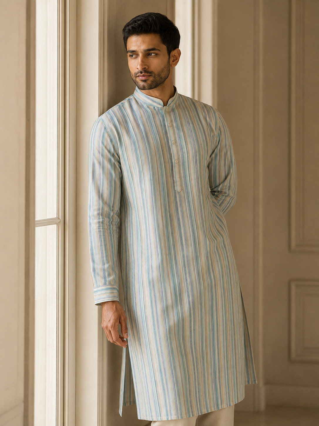 Light Aqua & Cream Striped Kurta