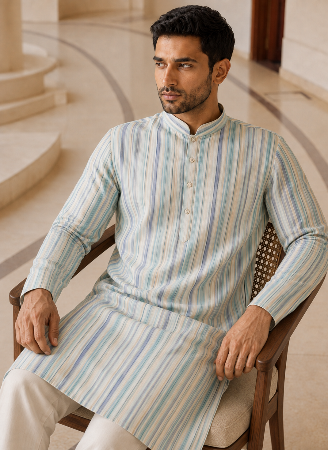 Light Aqua & Cream Striped Kurta