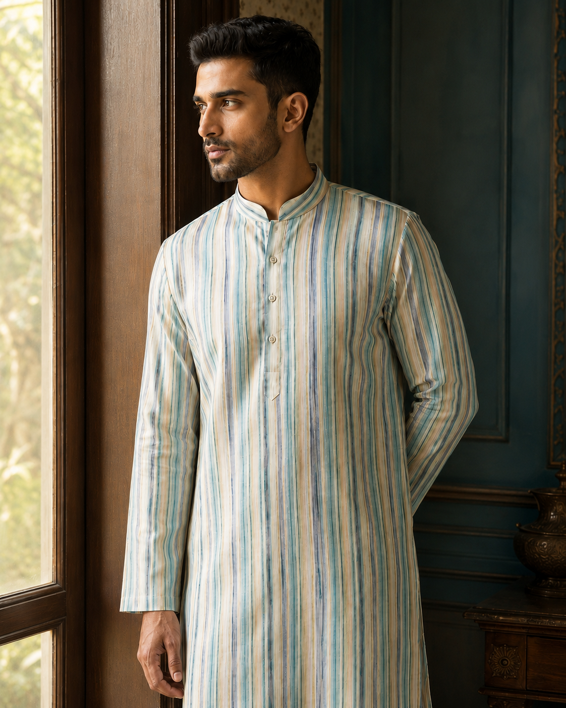 Light Aqua & Cream Striped Kurta