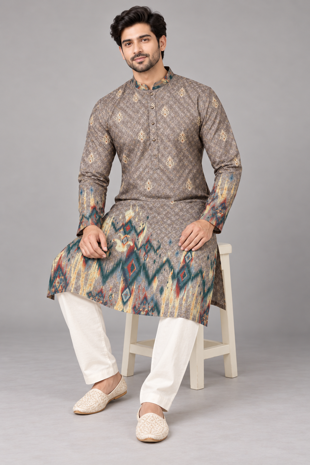 Mocha Brown Ikat Digital Print Kurta