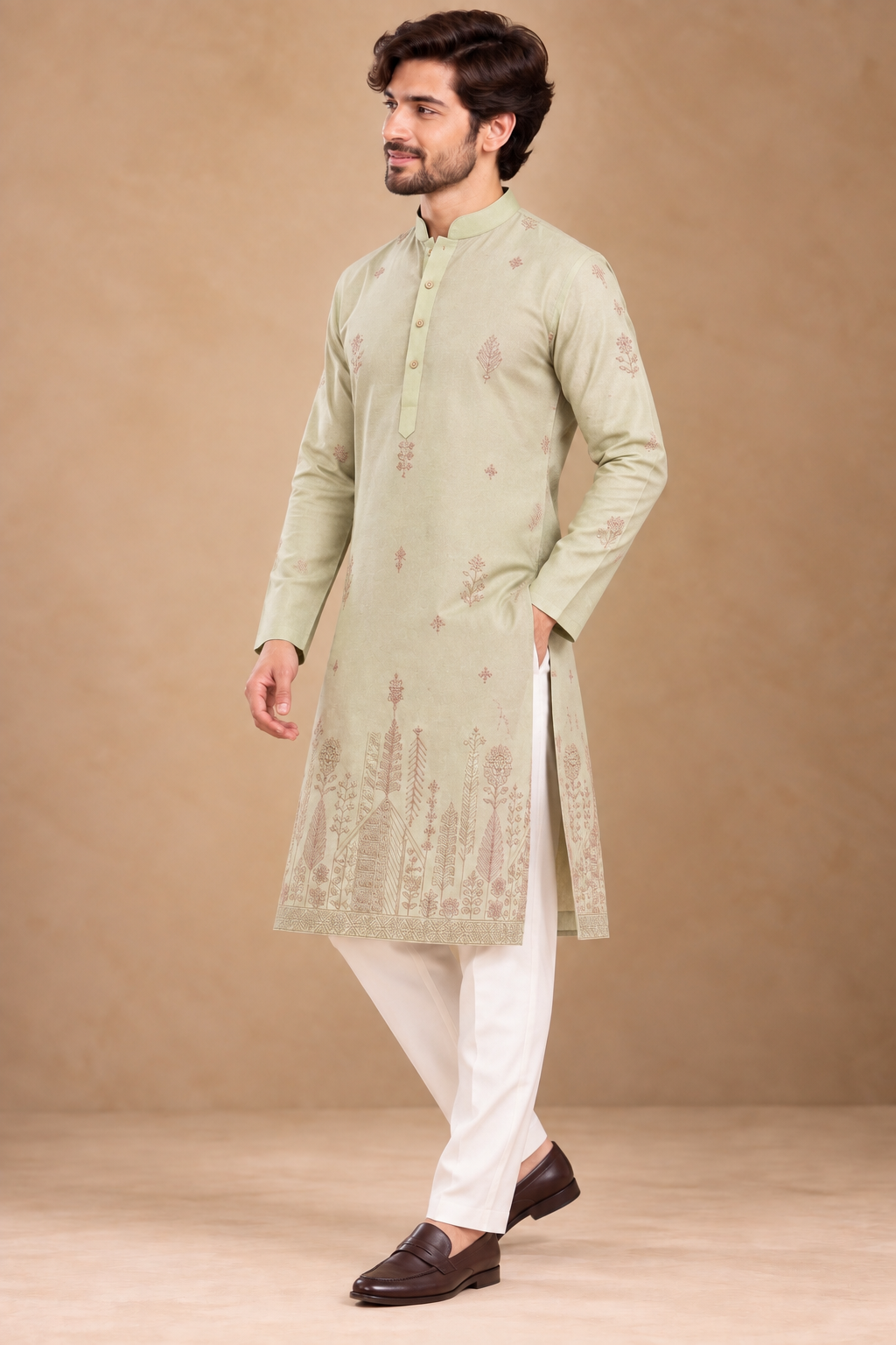 Pale Mint Kurta with Traditional Hem Motif