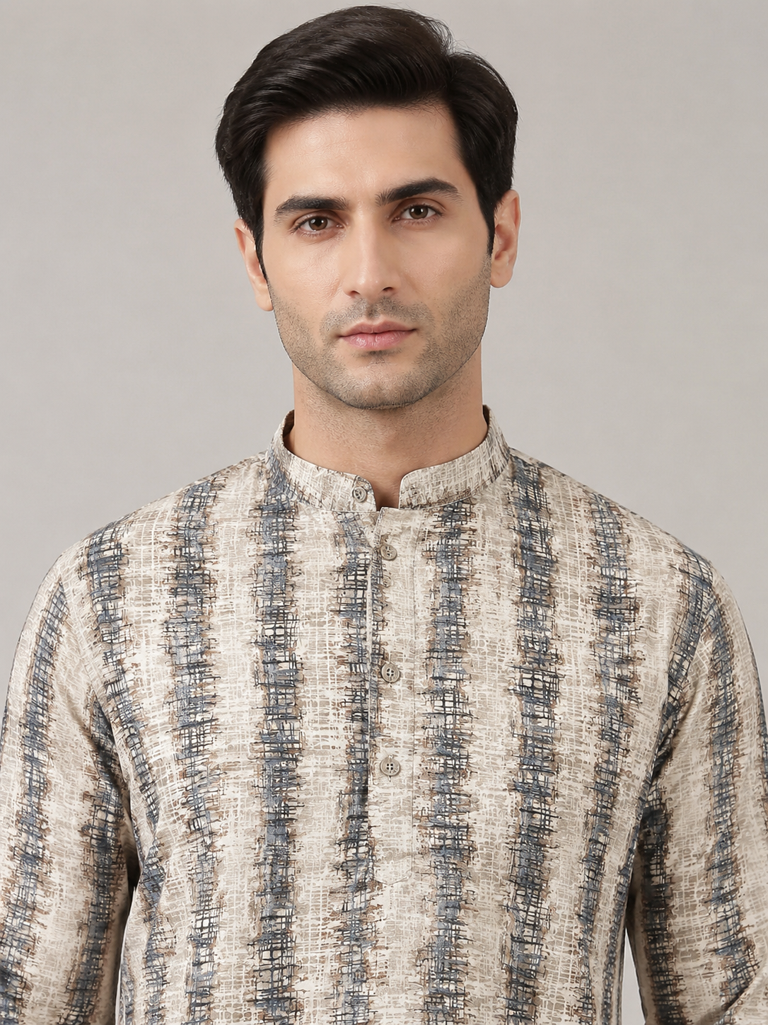 Beige & Blue Printed Straight Cotton Kurta