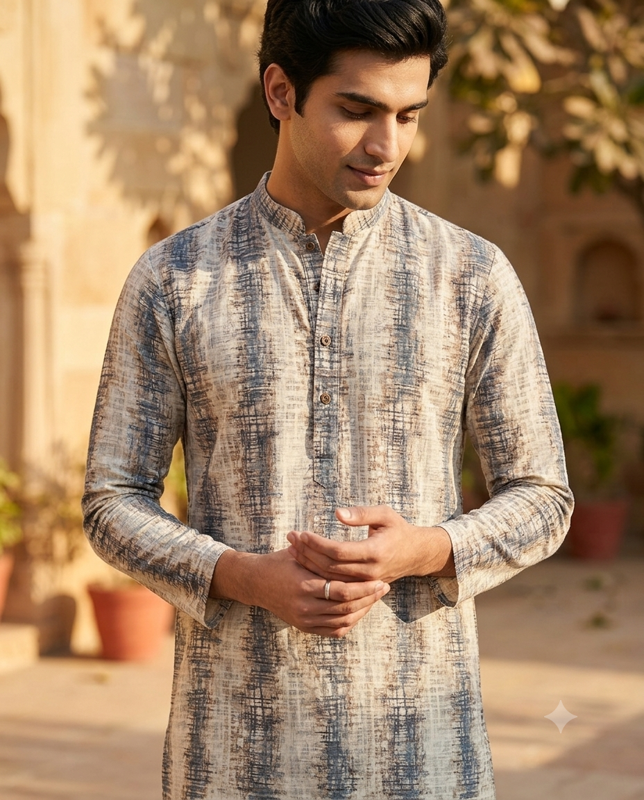 Beige & Blue Printed Straight Cotton Kurta