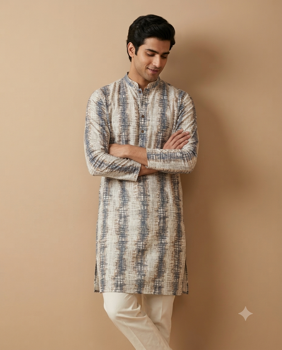 Beige & Blue Printed Straight Cotton Kurta