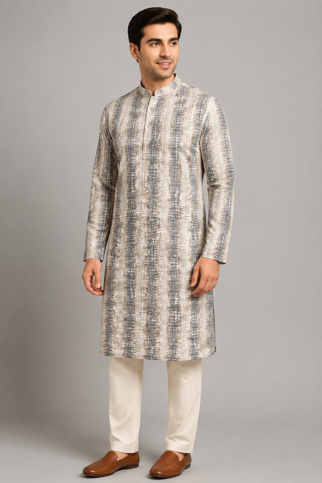 Beige & Blue Printed Straight Cotton Kurta