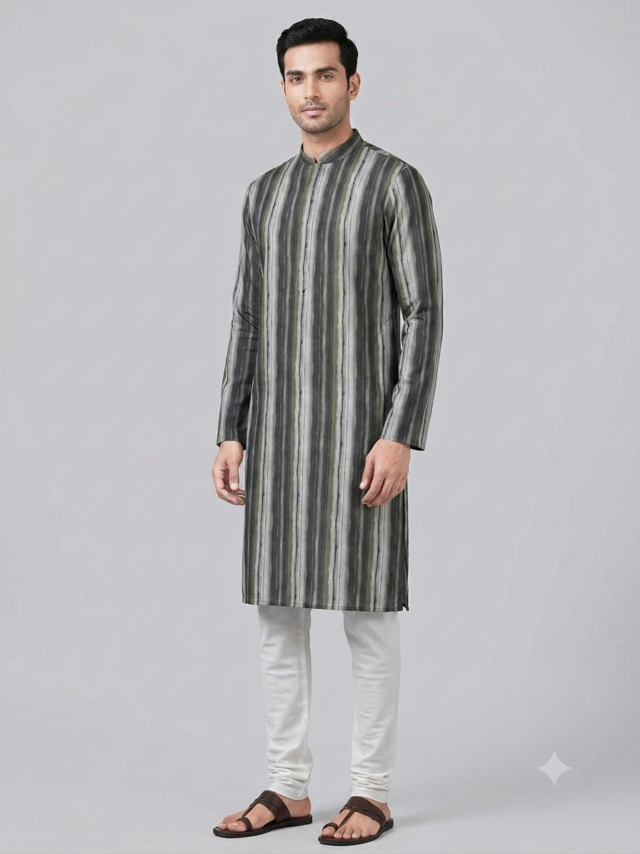 Midnight Olive Modern Striped Kurta