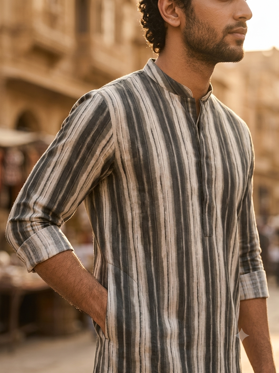 Midnight Olive Modern Striped Kurta