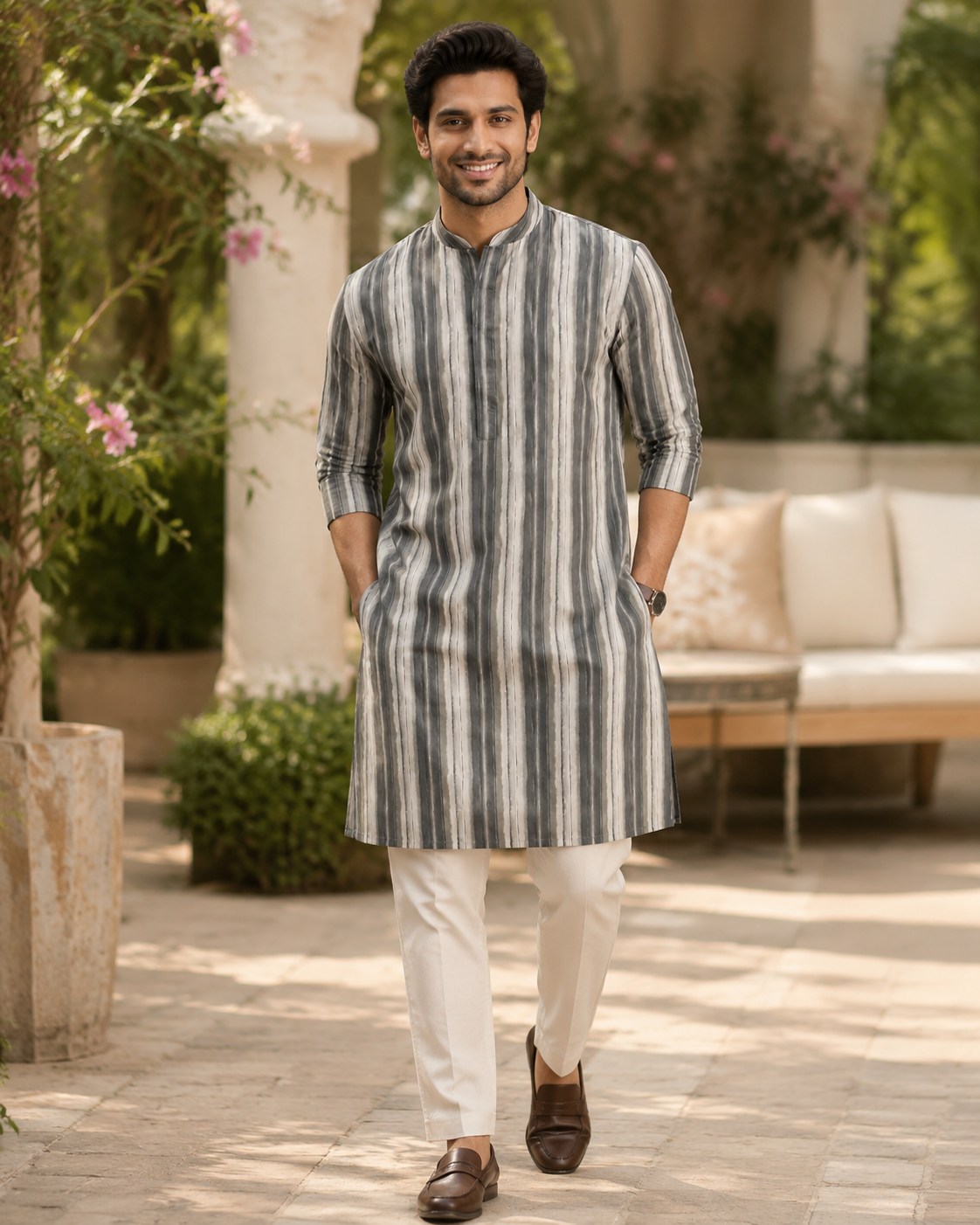 Midnight Olive Modern Striped Kurta