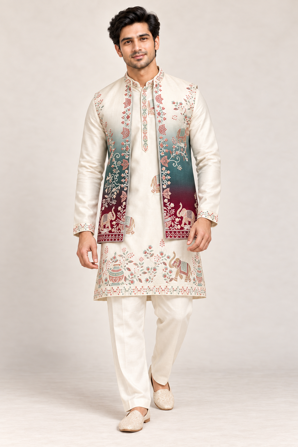 Heritage Elegance: Embroidered Ombré Kurta Bundi Set