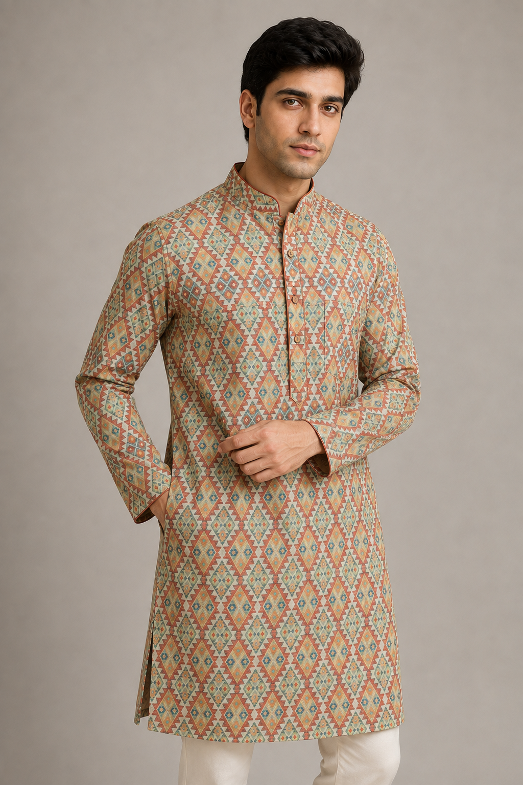 Heritage Digital Print Linen in Warm Earth Tones Kurta