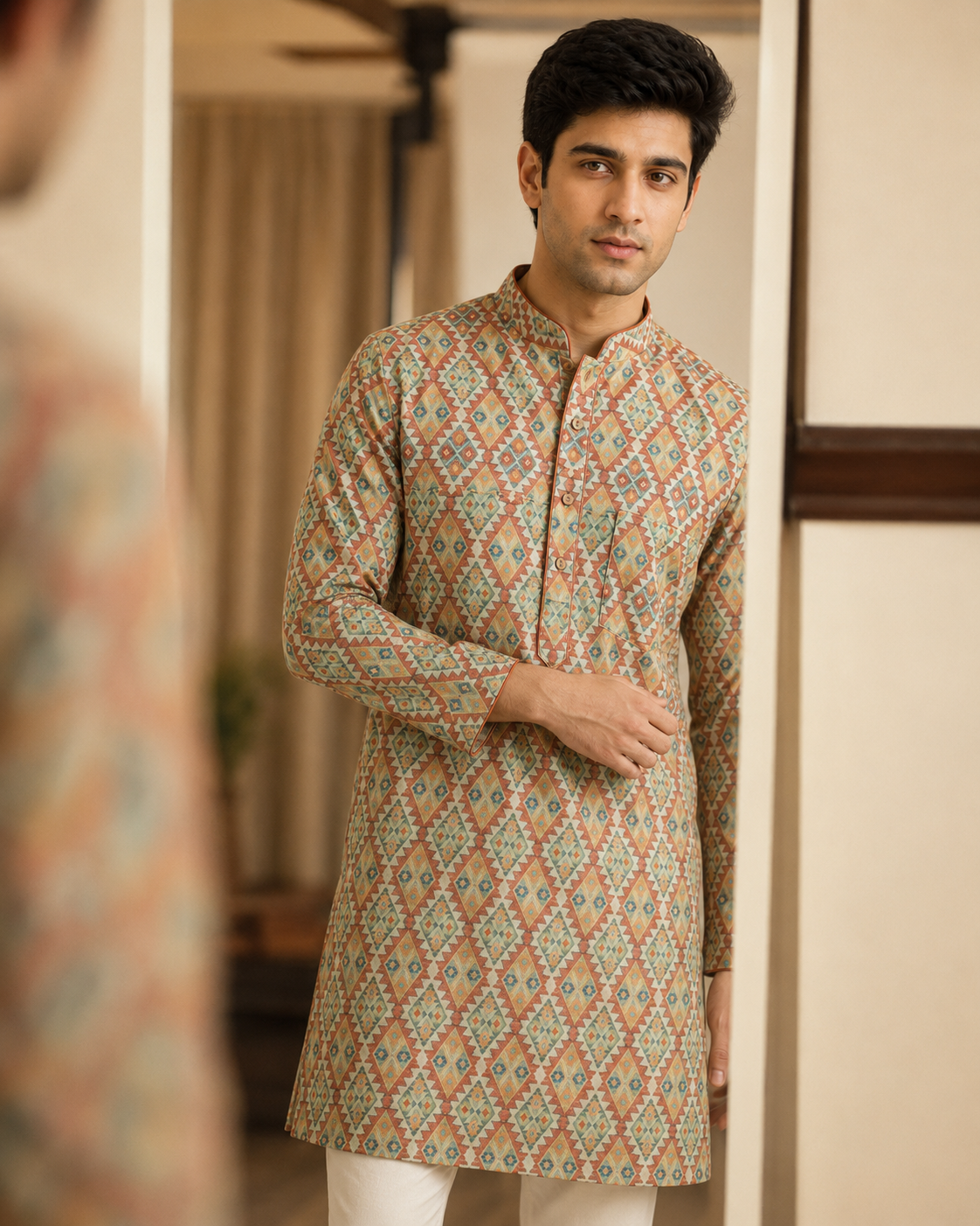 Heritage Digital Print Linen in Warm Earth Tones Kurta