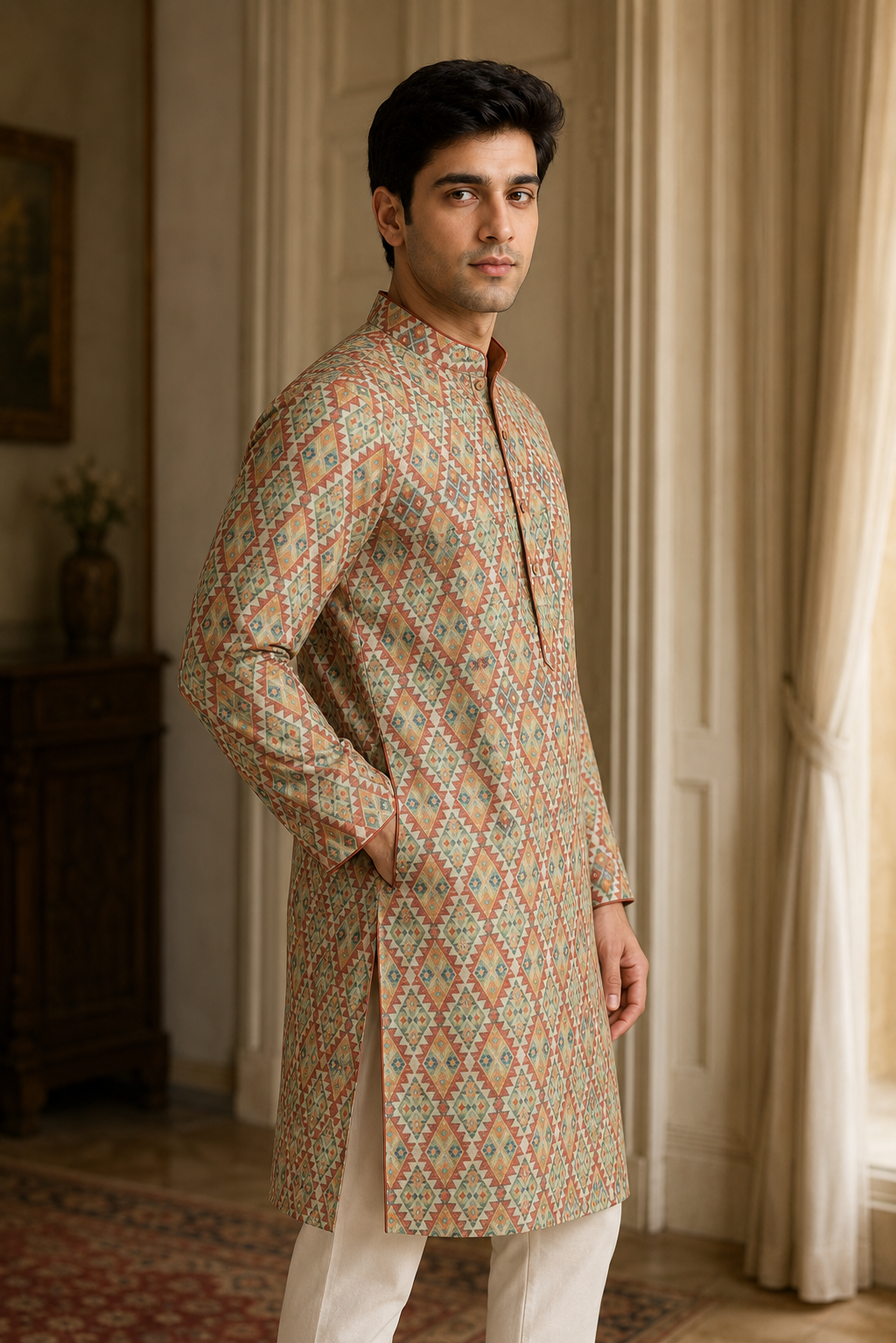 Heritage Digital Print Linen in Warm Earth Tones Kurta