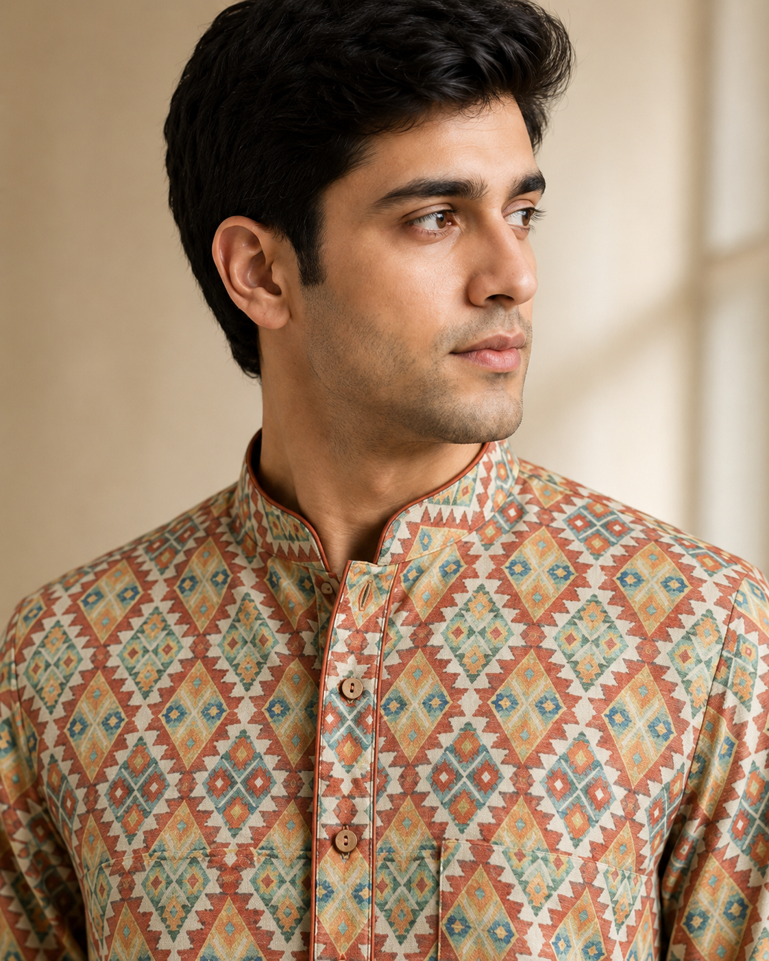 Heritage Digital Print Linen in Warm Earth Tones Kurta