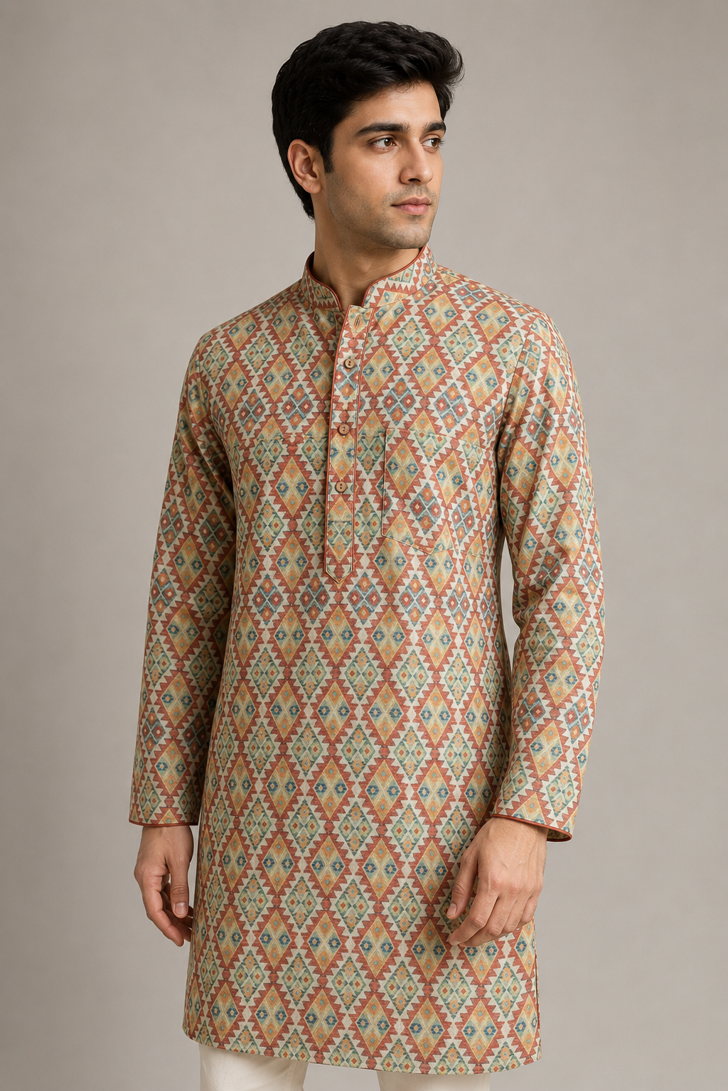 Heritage Digital Print Linen in Warm Earth Tones Kurta