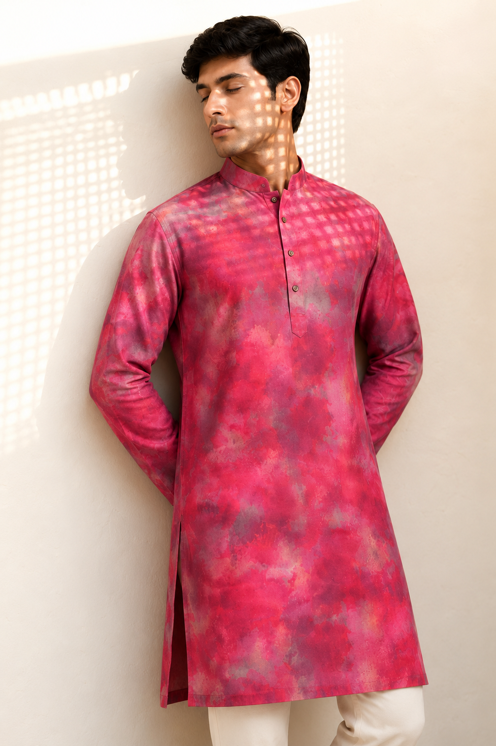 Festive Fuchsia Cloud Print Silk Kurta