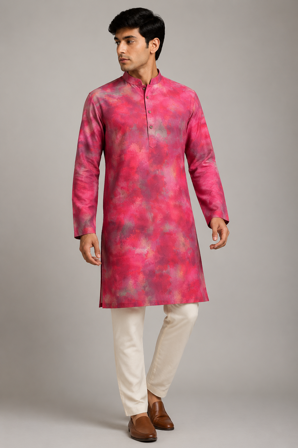 Festive Fuchsia Cloud Print Silk Kurta
