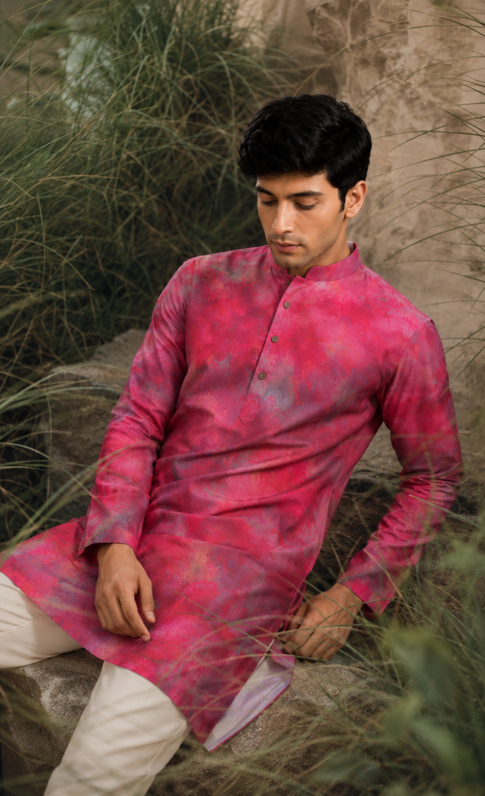 Festive Fuchsia Cloud Print Silk Kurta