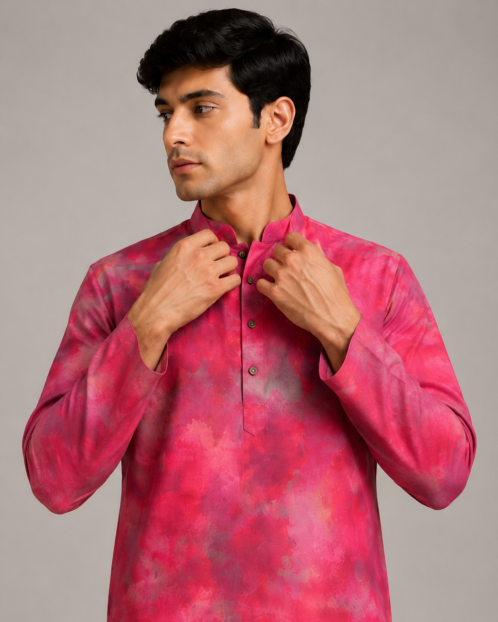 Festive Fuchsia Cloud Print Silk Kurta