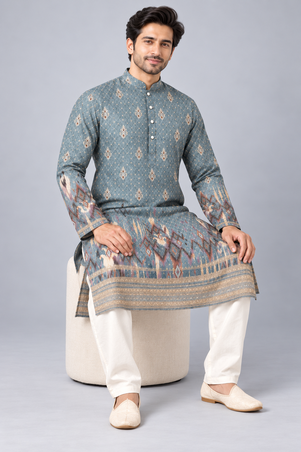 Steel Blue Festive Printed Kurta