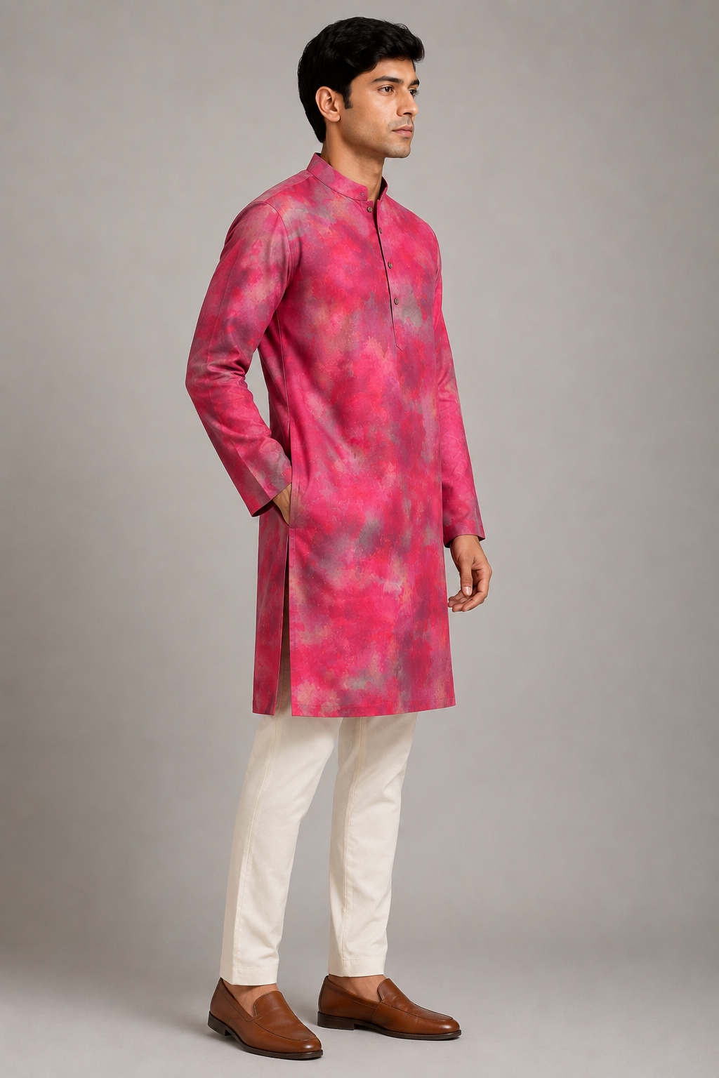 Festive Fuchsia Cloud Print Silk Kurta