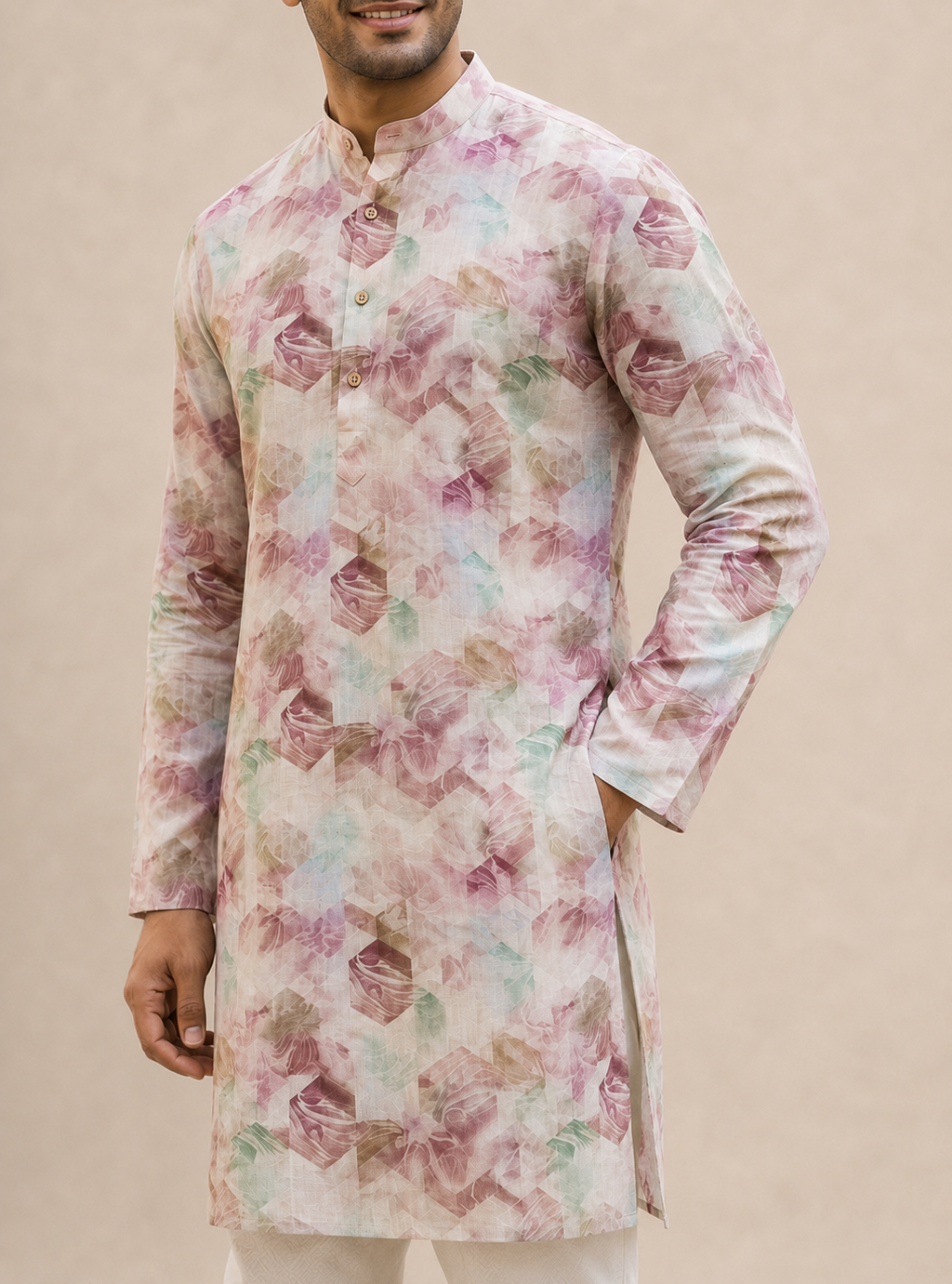 Dusty Rose Abstract Cube Linen Kurta