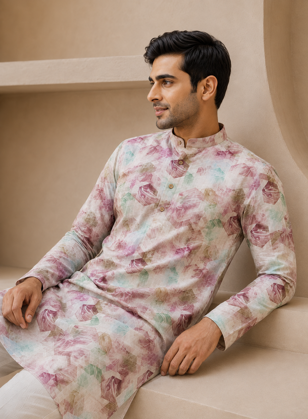 Dusty Rose Abstract Cube Linen Kurta