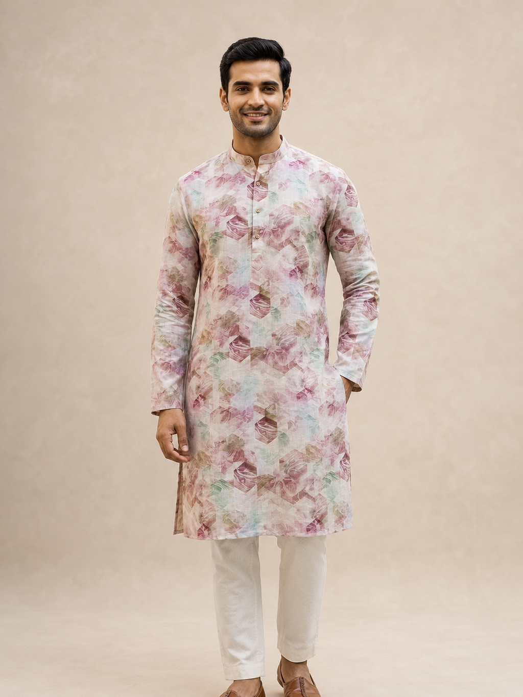 Dusty Rose Abstract Cube Linen Kurta