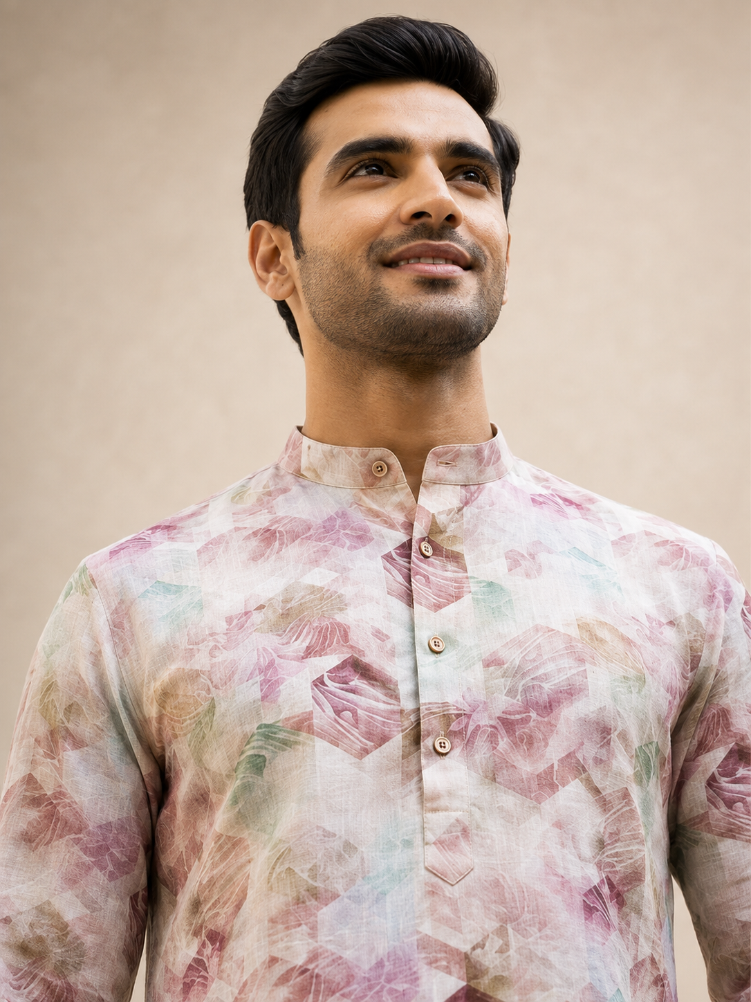 Dusty Rose Abstract Cube Linen Kurta