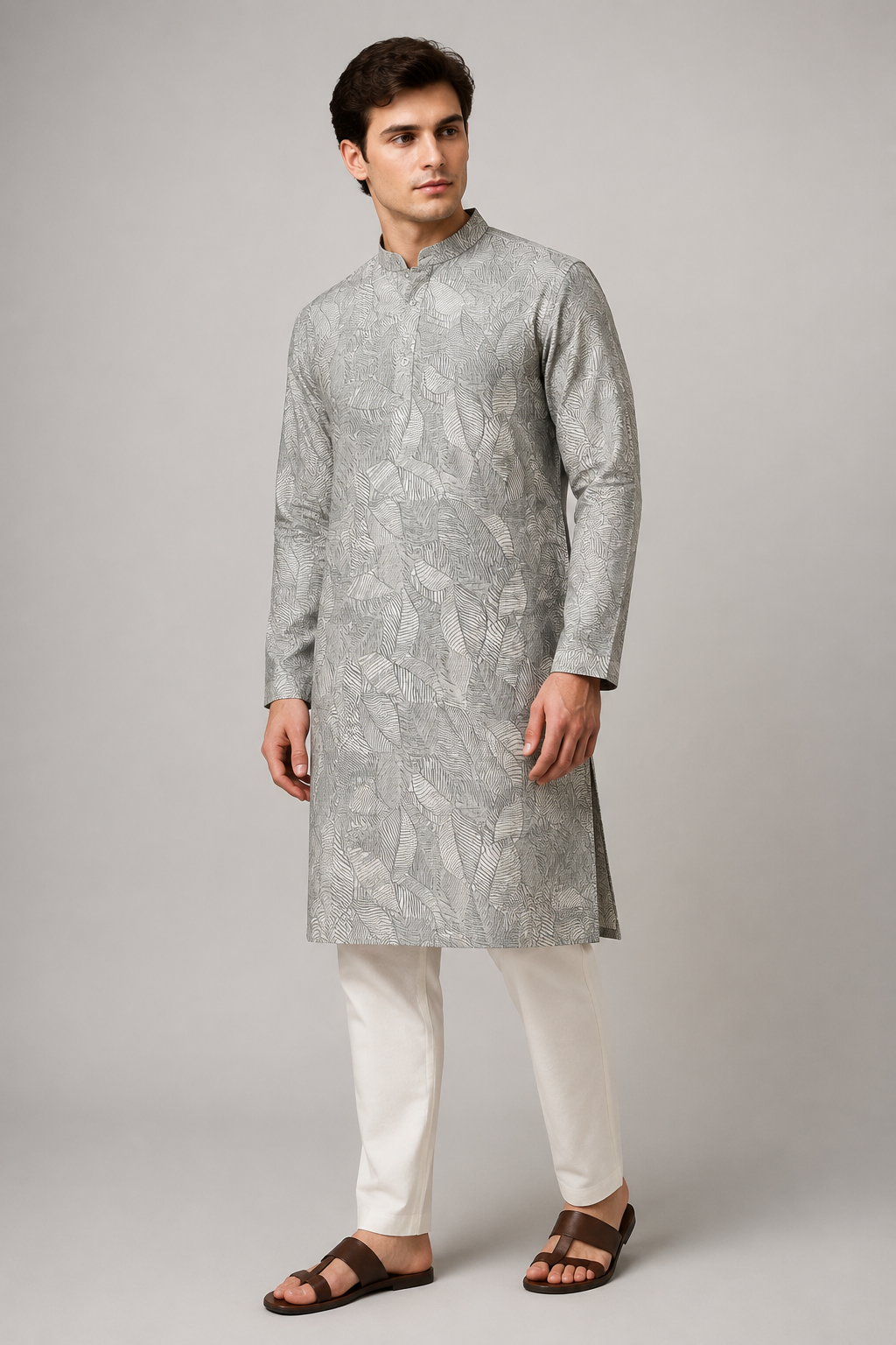 Monochrome Line-Art Leaf Print Kurta