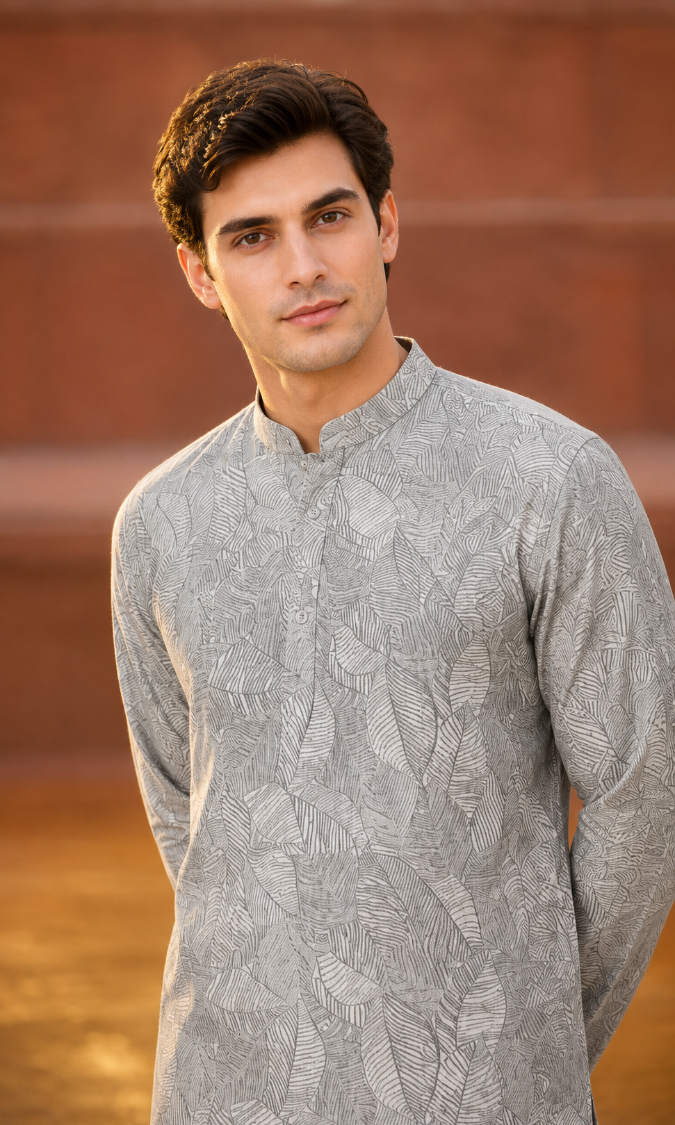 Monochrome Line-Art Leaf Print Kurta
