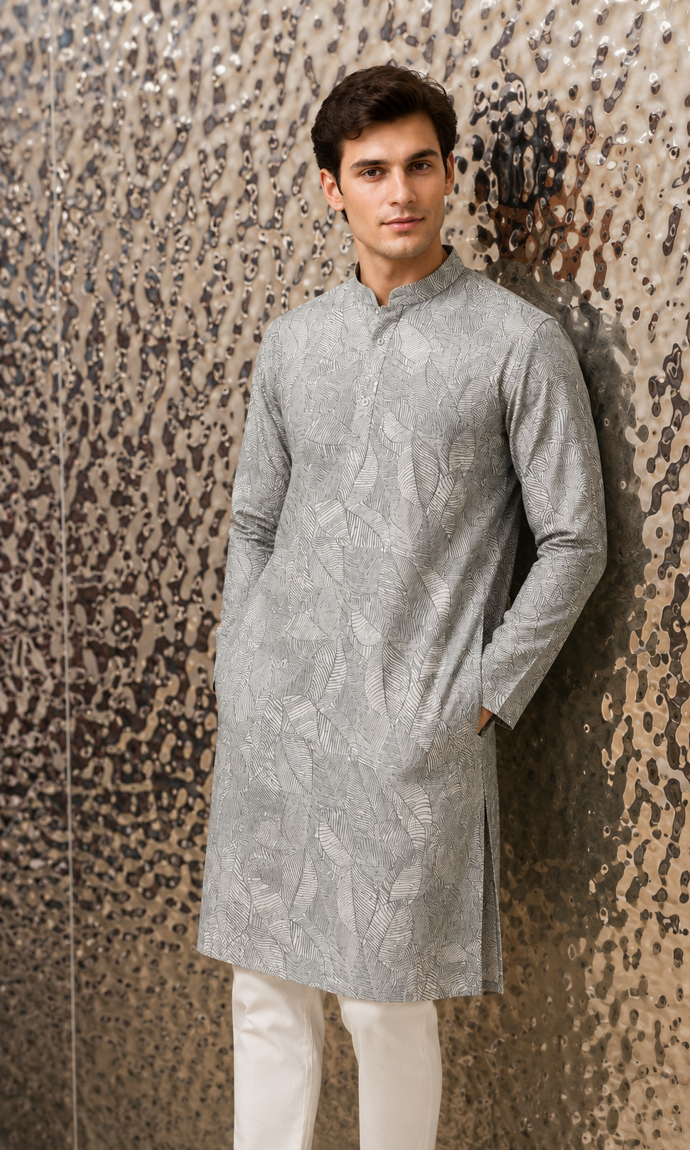 Monochrome Line-Art Leaf Print Kurta