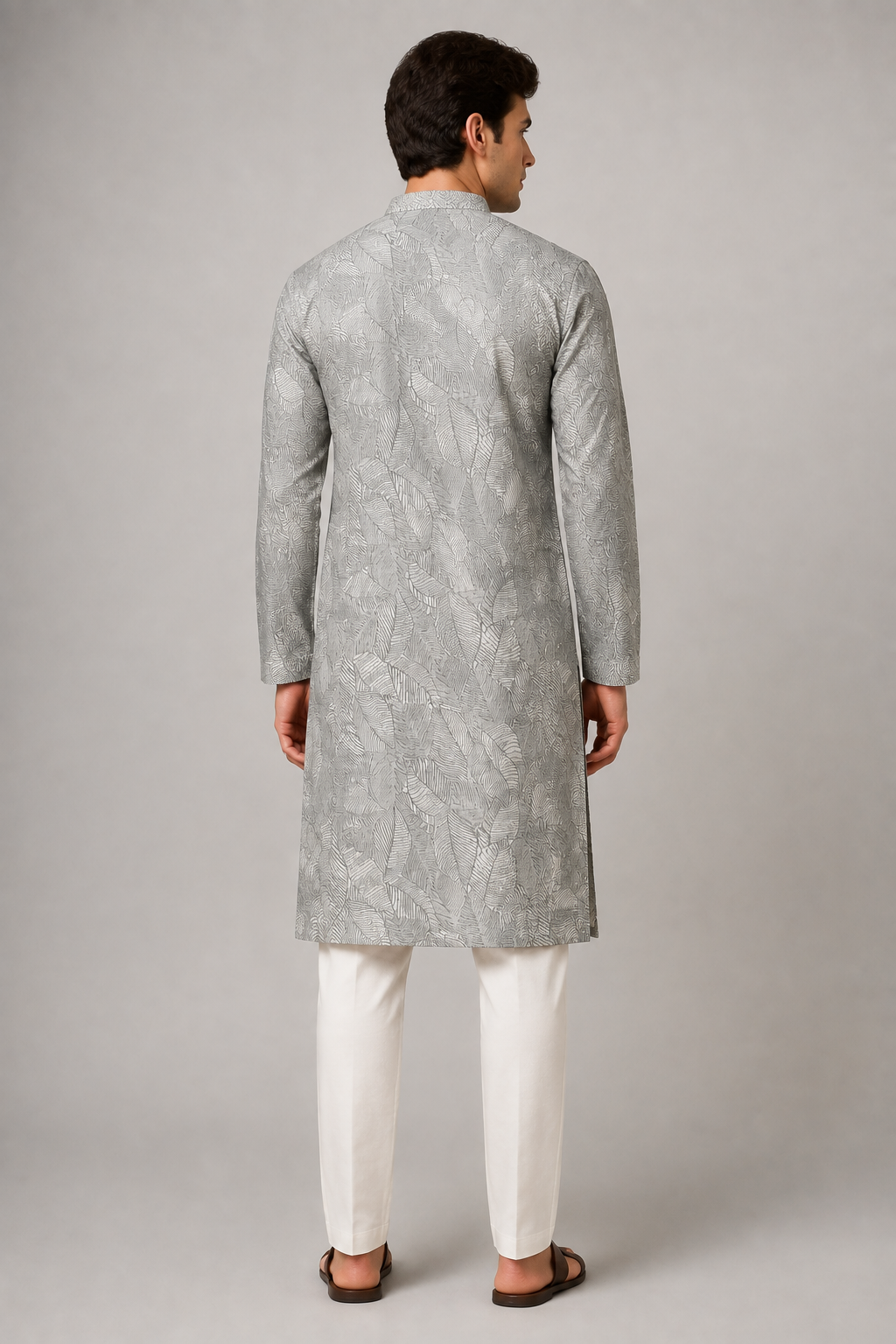 Monochrome Line-Art Leaf Print Kurta