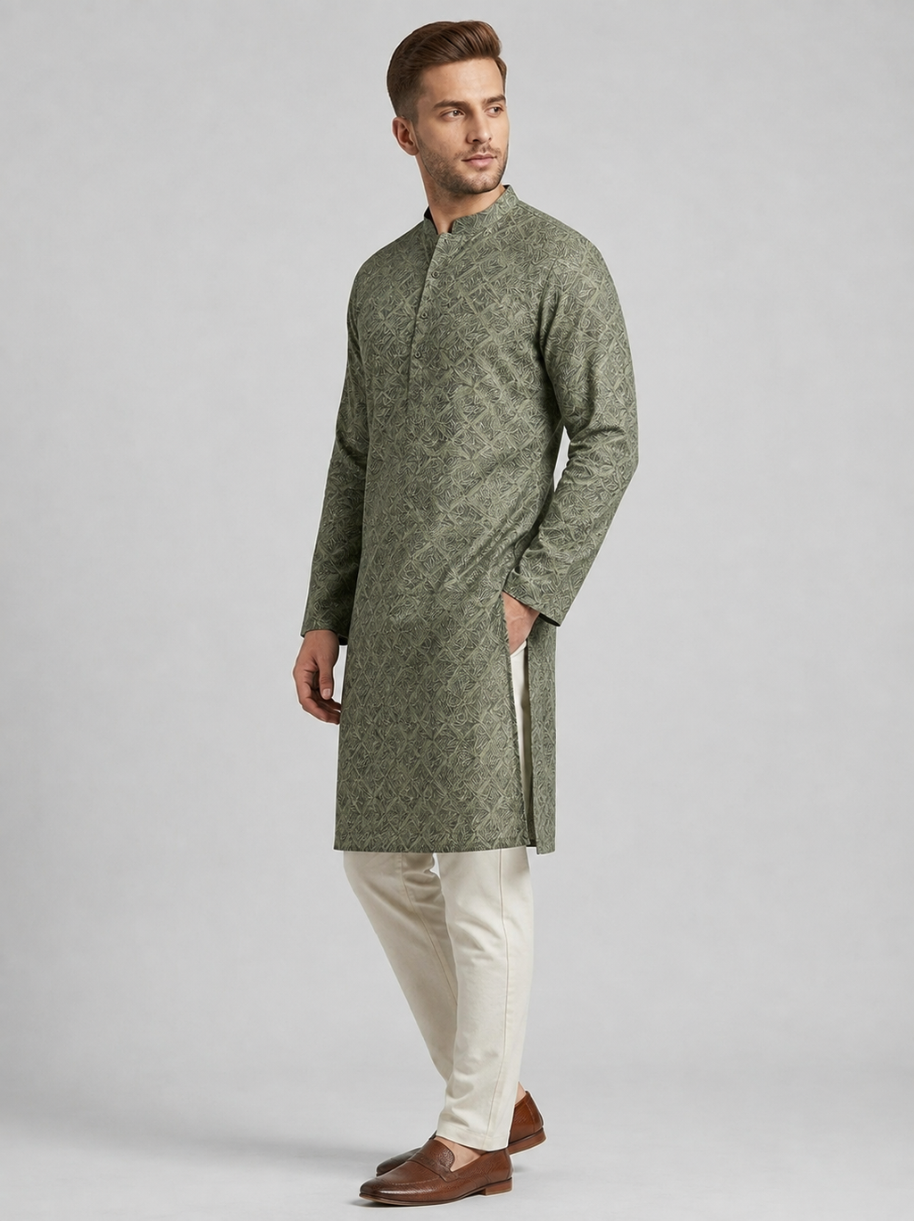 Olive Geometric Lattice Print Kurta