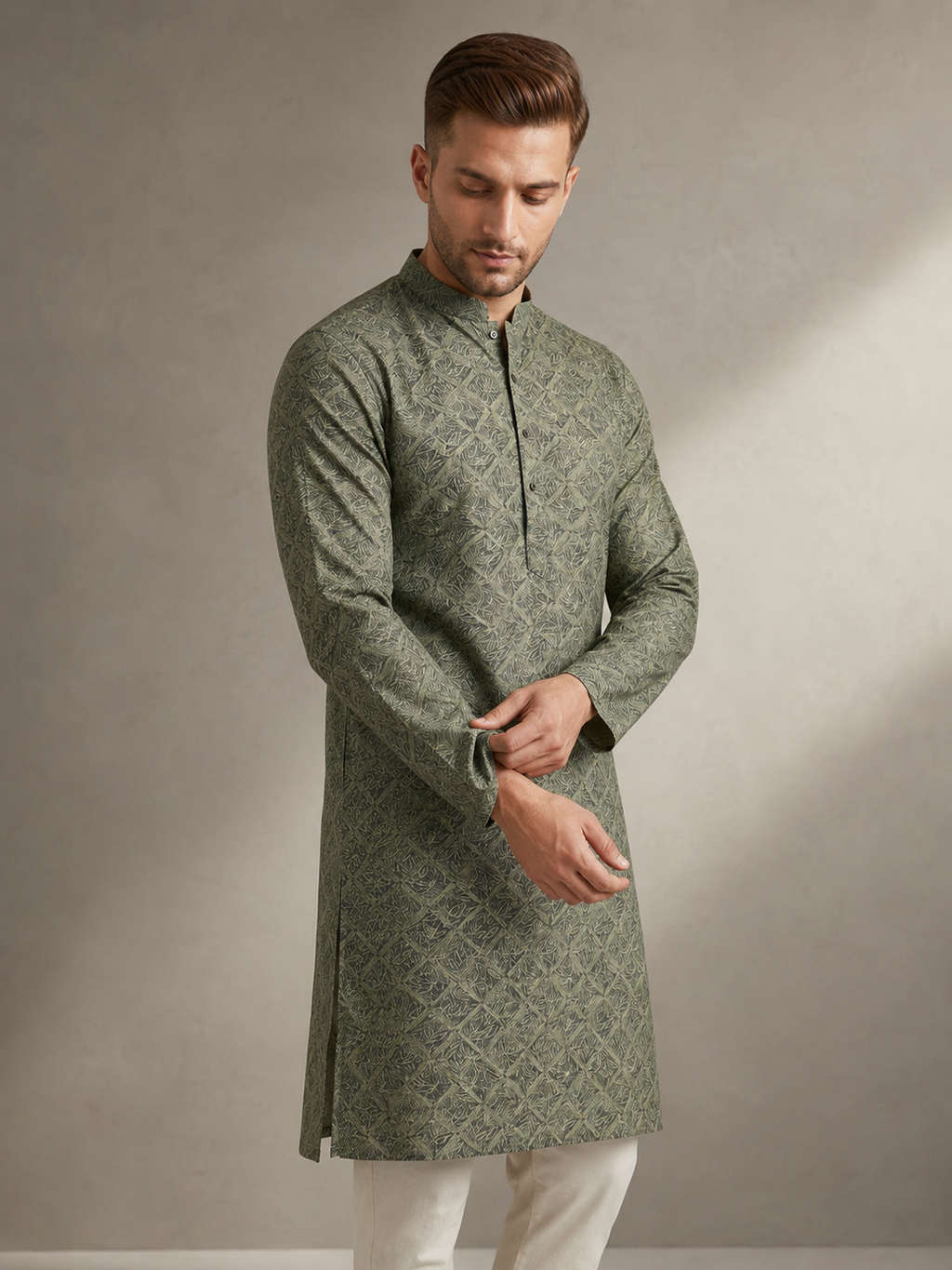 Olive Geometric Lattice Print Kurta