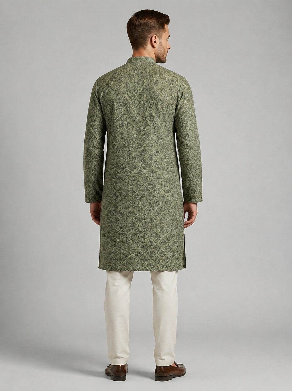 Olive Geometric Lattice Print Kurta