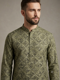 Olive Geometric Lattice Print Kurta