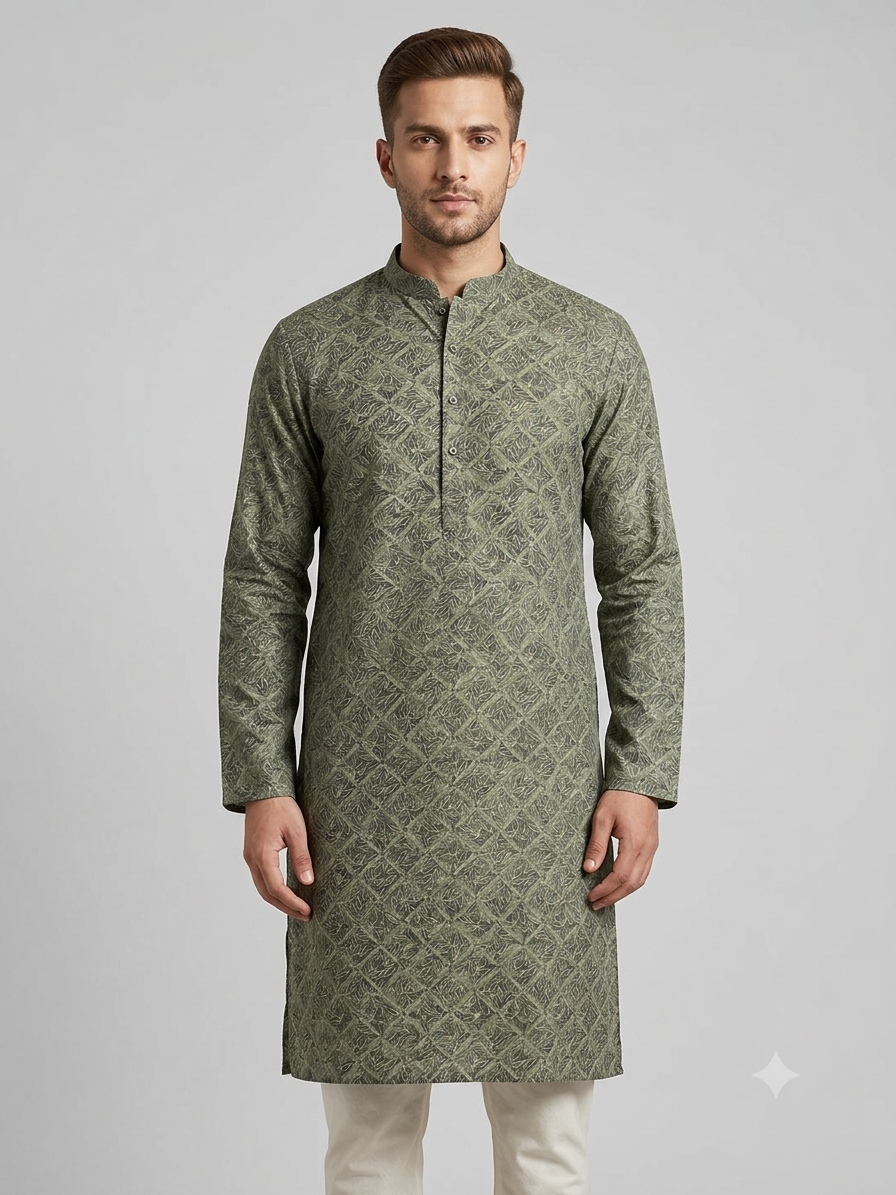 Olive Geometric Lattice Print Kurta