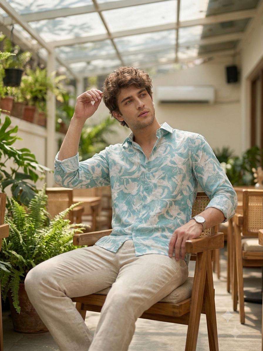 Aqua & White Abstract Floral Shirt