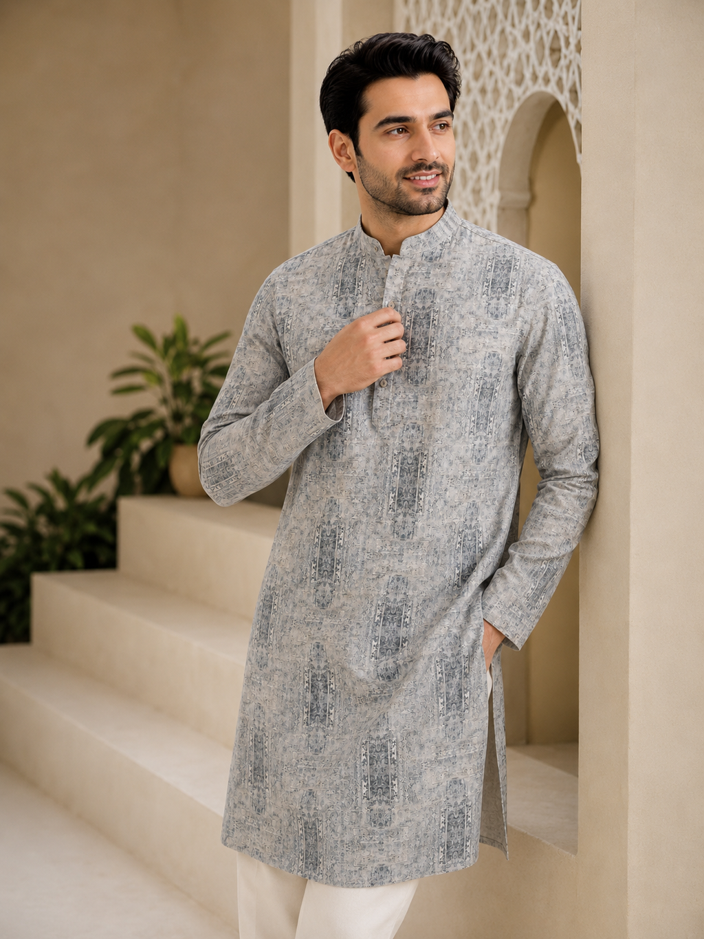 Faded Stone Architectural Print Kurta