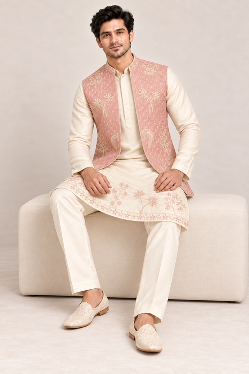 Subtle Elegance: The Blush & Ivory Kurta Bundi Set
